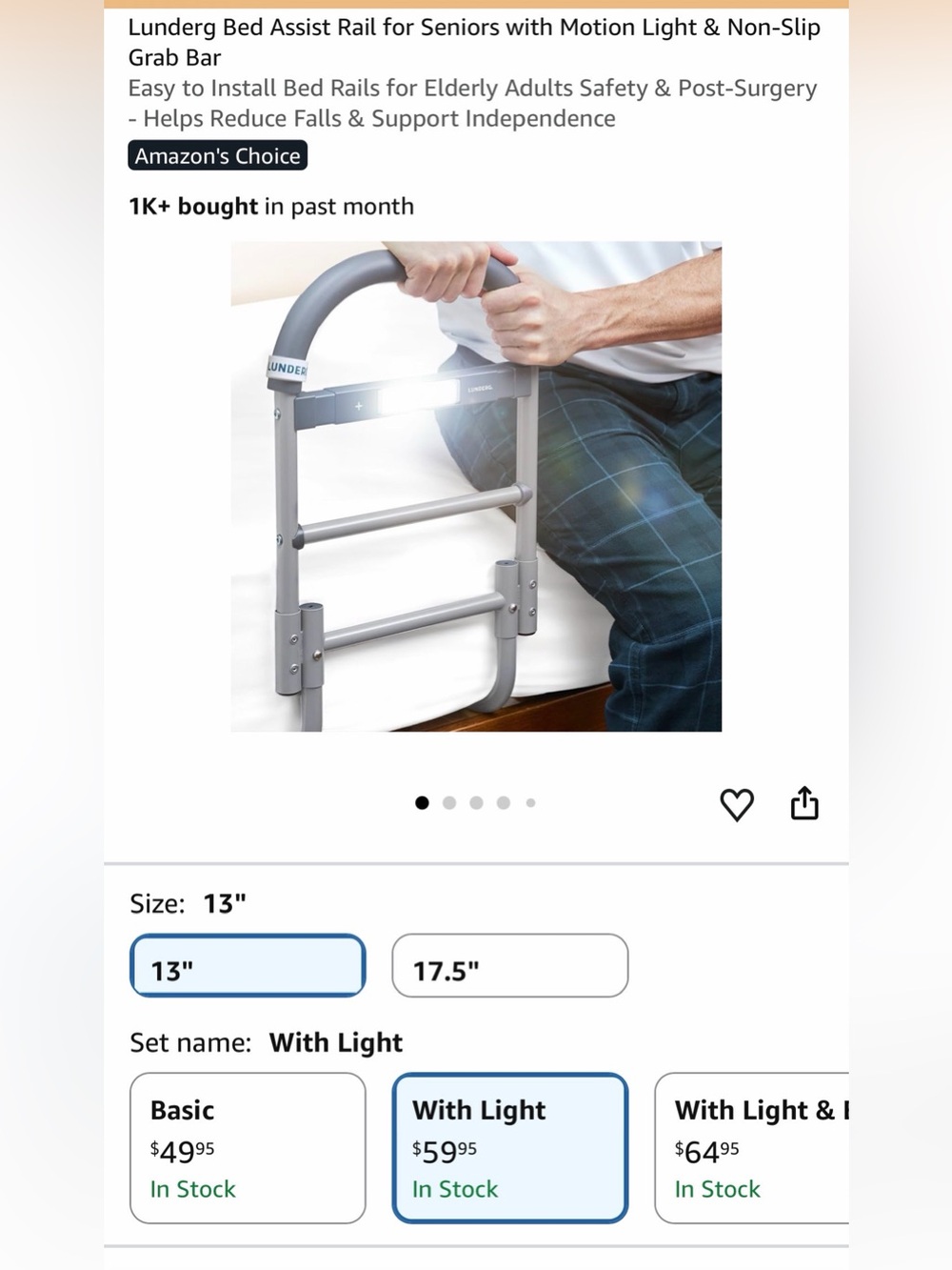 NEW bed assist rail W/ light & non-slip grip